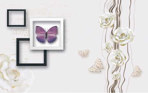 Фотообои FTXL-09-00111 3D Розы, бабочки и квадраты