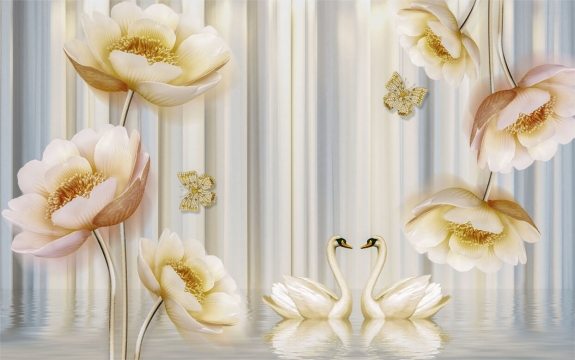 Фотообои 3D FTXL-09-00115 Стереоскопические цветы и лебеди
