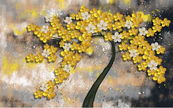 Фотообои 3D FTXL-09-00129 Золотые цветы на акварельном дереве