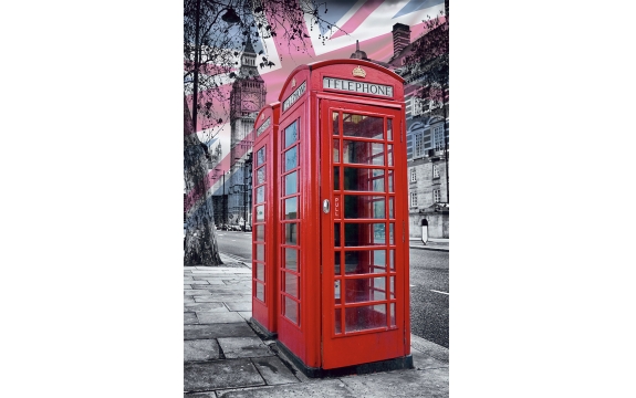 Фотообои FTP-2-02-00018 Лондон в черно-белом стиле, красная телефонная будка
