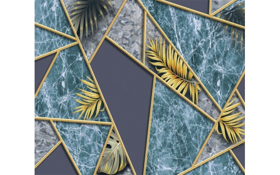 Фотообои 3D FTX-09-00029 Мраморная 3Д композиция с золотыми пальмовыми листьями
