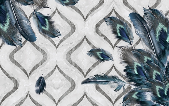 Фотообои 3D FTXL-05-00007 Павлиньи перья на абстрактном фоне из мрамора