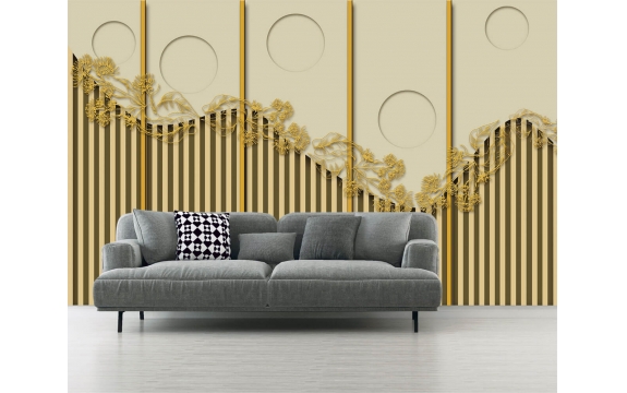 Фотообои 3D FTXL-09-00134 Стена с золотой декорацией из листьев и цветков №1