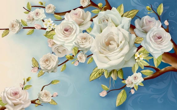 Фотообои 3D FTXL-06-00020 Объемные белые розы на ветках