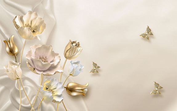 Фотообои 3D FTXL-09-00146 Золотые тюльпаны на шелке