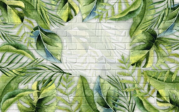 Фотообои FTXL-01-00083 Тропические листья монстеры и пальмы на кирпичной стене