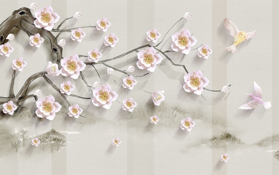 Фотообои 3D FTXL-09-00169 Композиция с цветущей сакурой на ветке в японском стиле