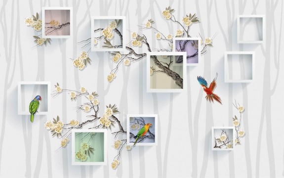 Фотообои 3D FTXL-09-00170 Инсталляция с птицами и цветами на квадратах