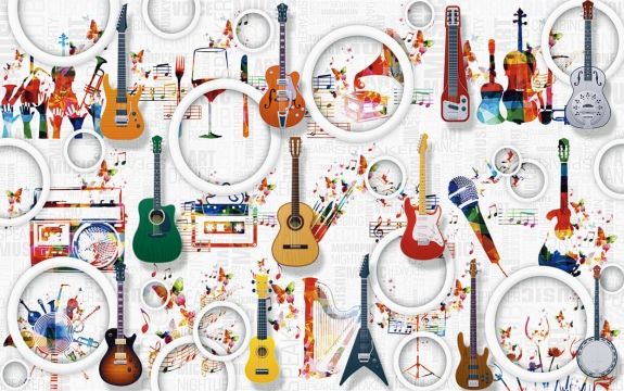 Фотообои 3D FTXL-09-00173 Объемные гитары и кольца на стене для детской комнаты подростка