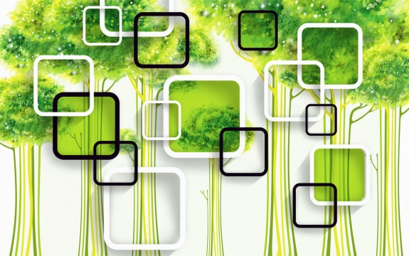Фотообои 3D FTXL-09-00174 Зеленый лес и квадраты в абстрактном стиле