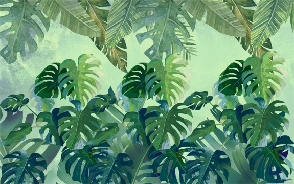 Фотообои FTXL-01-00105 Густые тропические заросли из листьев монстеры и пальмы