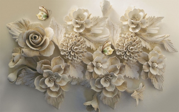 Фотообои 3D FTXL-09-00184 Барельеф с цветами розы и бабочками