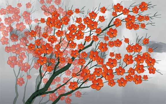 Фотообои 3D FTXL-09-00192 Объемные красные цветы на фоне в китайском стиле