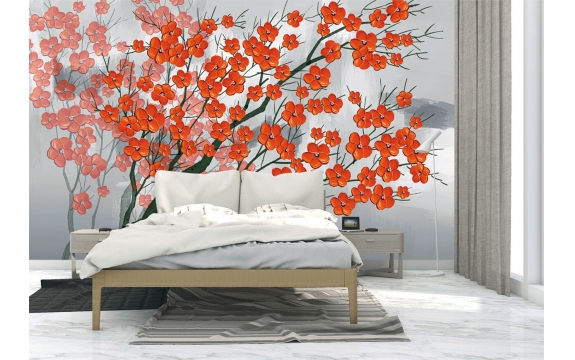 Фотообои 3D FTXL-09-00192 Объемные красные цветы на фоне в китайском стиле №2