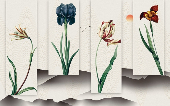 Фотообои 3D FTXL-12-00047 Объемная абстракция с винтажными цветами ириса, лилии, тюльпана