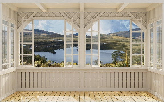 Фотообои 3D MXL-00205 Вид из окна с террасы на умиротворяющую природу, деревянная веранда, расширяющие пространство