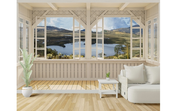 Фотообои 3D MXL-00205 Вид из окна с террасы на умиротворяющую природу, деревянная веранда, расширяющие пространство №1
