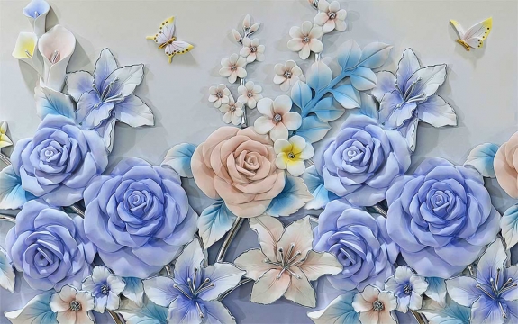 Фотообои 3D FTXL-09-00214 Барельеф с голубыми розами и лилиями