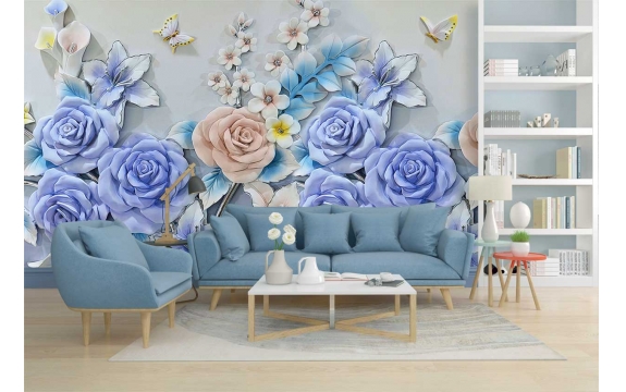 Фотообои 3D FTXL-09-00214 Барельеф с голубыми розами и лилиями №1