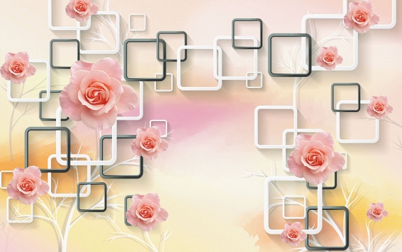Фотообои 3D FTXL-09-00226 Розы на геометрическом фоне из квадратов