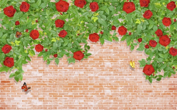 Фотообои 3D FTXL-09-00230 Кирпичная стена с красными розами
