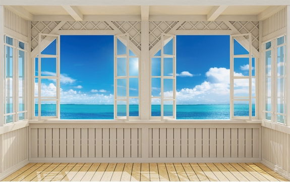 Фотообои 3D MXL-00207 Терраса с окном с видом на море, светлая веранда, расширяющие пространство