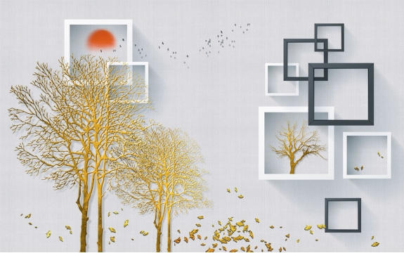 Фотообои 3D FTXL-09-00261 Золотые деревья и квадраты в стиле минимализм
