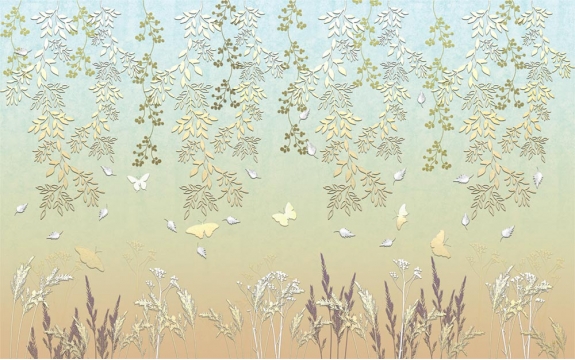 Фотообои 3D MXL-00112 Объемная природная композиция с ветками, листьями и бабочками