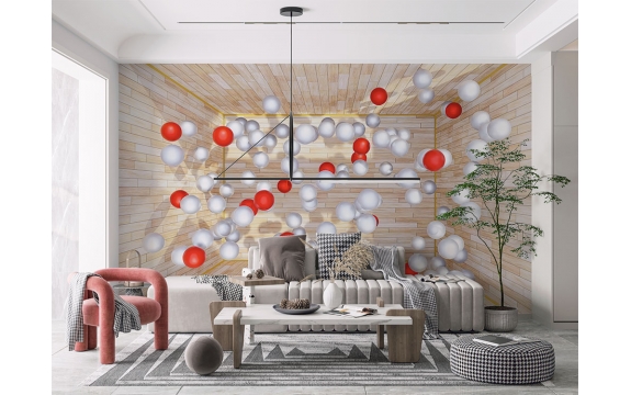 Фотообои 3D MXL-00128 Комната под дерево с шарами, расширяющие пространство №1