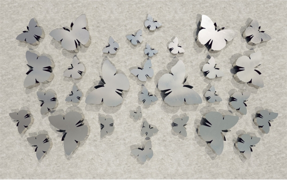 Фотообои 3D MXL-00132 Серебряные бабочки на бетоне, объемная композиция под лофт