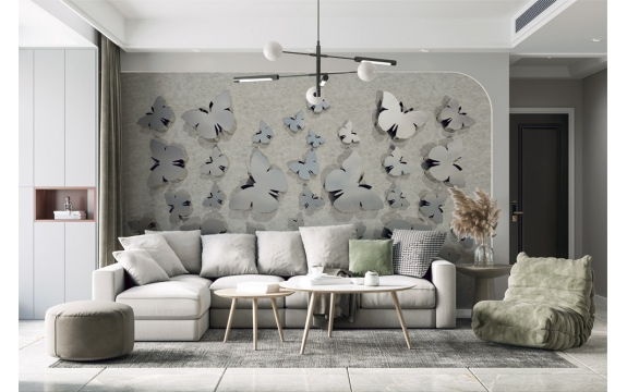 Фотообои 3D MXL-00132 Серебряные бабочки на бетоне, объемная композиция под лофт №1