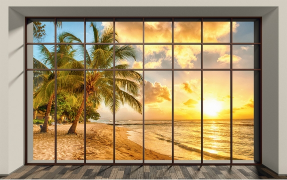 Фотообои MXL-00156 3Д окно с видом на пляж, пальмы на закате