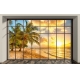 Фотообои MXL-00156 3Д окно с видом на пляж, пальмы на закате №1