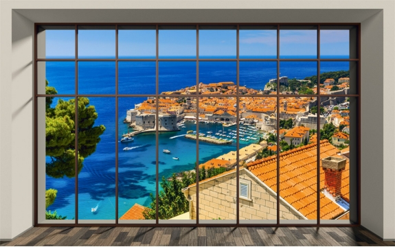 Фотообои MXL-00158 Окно с видом на морское побережье старого города, расширяющие пространство