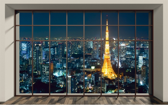 Фотообои MXL-00159 Пентхаус, окно с видом на ночной город Токио, расширяющие пространство