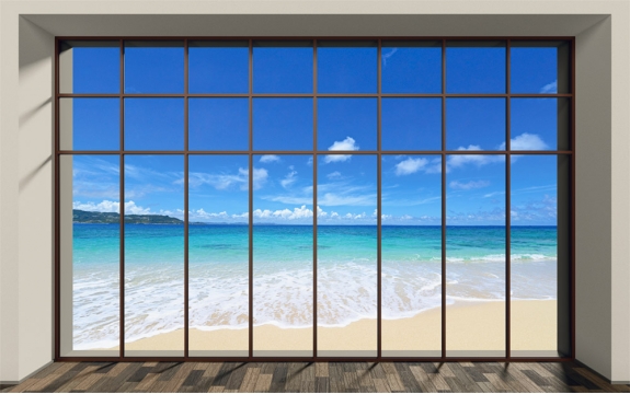 Фотообои MXL-00161 Панорамное окно с видом на морской пляж, расширяющие пространство