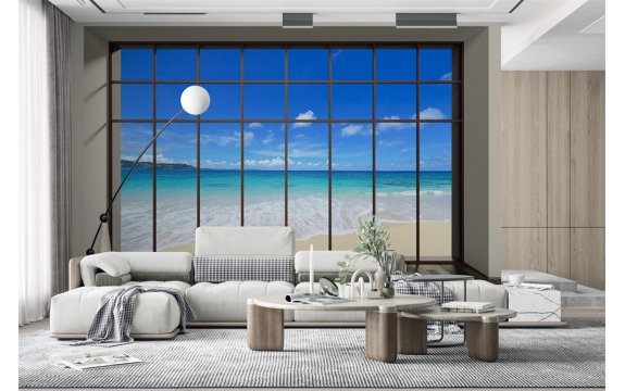 Фотообои MXL-00161 Панорамное окно с видом на морской пляж, расширяющие пространство №1