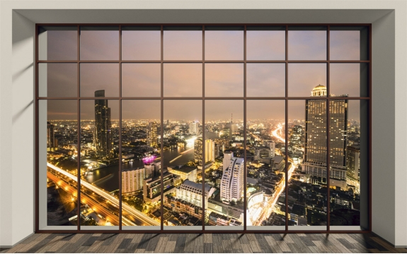 Фотообои MXL-00162 3Д окно с видом на ночной город Бангкок, расширяющие пространство