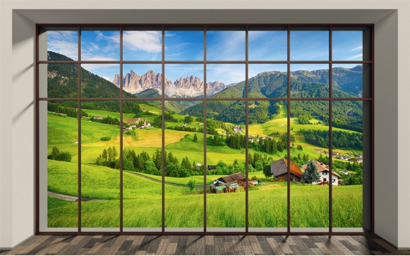 Фотообои MXL-00166 Панорамное окно с видом на горы и альпийские луга, красивая природа, расширяющие пространство
