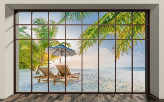 Фотообои MXL-00168 Большое окно с видом на морской пляж с пальмами, расширяюшие пространство