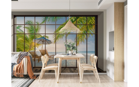 Фотообои MXL-00168 Большое окно с видом на морской пляж с пальмами, расширяюшие пространство №1