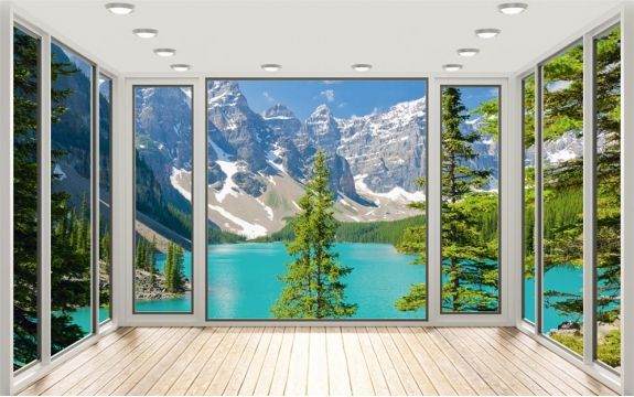Фотообои MXL-00171 Вид из окна на природу, пейзаж с горами и озером, расширяющие пространство