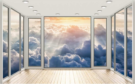 Фотообои MXL-00172 Окно 3D в облаках с видом на закат, расширяющие пространство