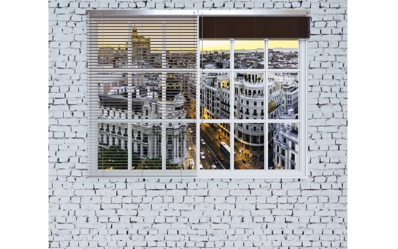 Фотообои MX-00006 Окно в стиле лофт с видом на город, кирпичная стена