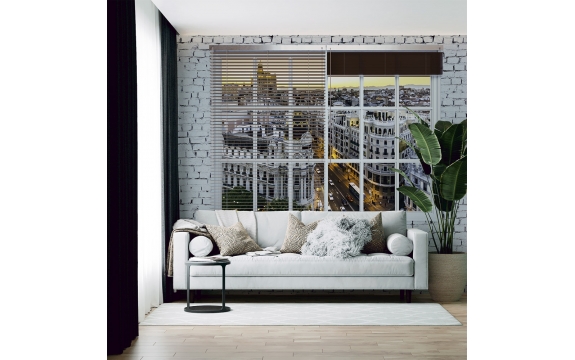 Фотообои MX-00006 Окно в стиле лофт с видом на город, кирпичная стена №1