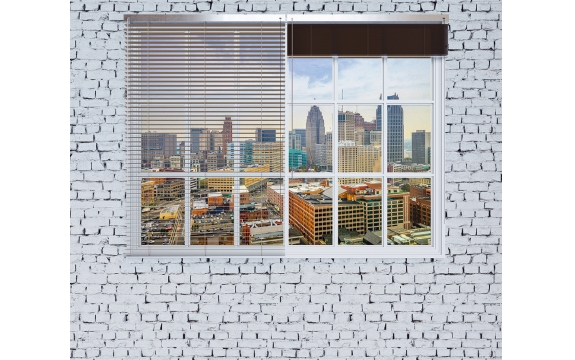 Фотообои MX-00007 Окно 3Д в стиле лофт с видом на город, белая кирпичная стена
