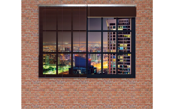 Фотообои MX-00008 Окно с видом на город Дубай, в стиле лофт, кирпичная стена