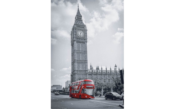 Фотообои FTP-2-02-00037 Красный автобус и черно-белый Биг-Бен в Лондоне