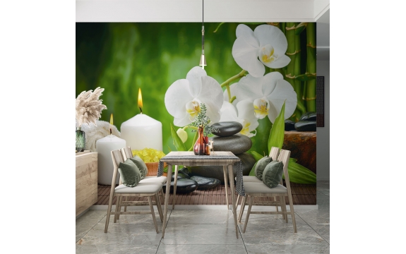 Фотообои FTP-4-06-00006 Белая орхидея, камни и свечи №1