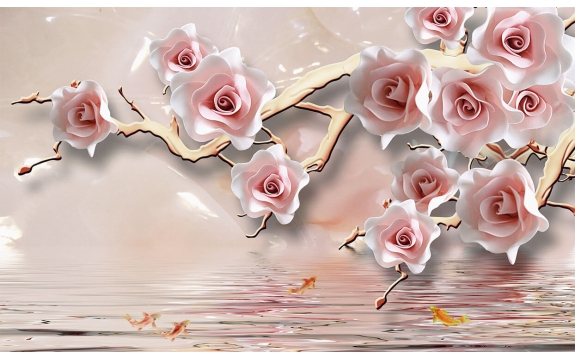 Фотообои 3D FTP-5-09-00046 Объемные розы на золотых ветках, стереоскопические цветы